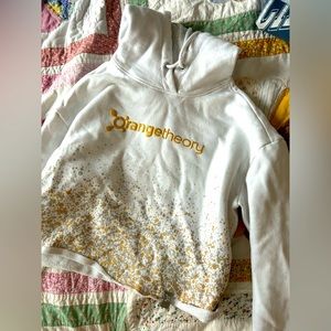 Orange Theory White w/ Gold & Silver splatter cropped Hoodie
